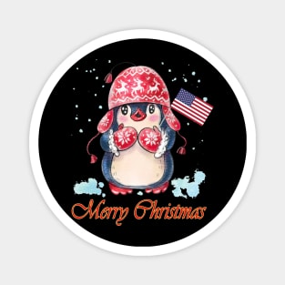 Cute Penguins With American Flag Merry Christmas Magnet